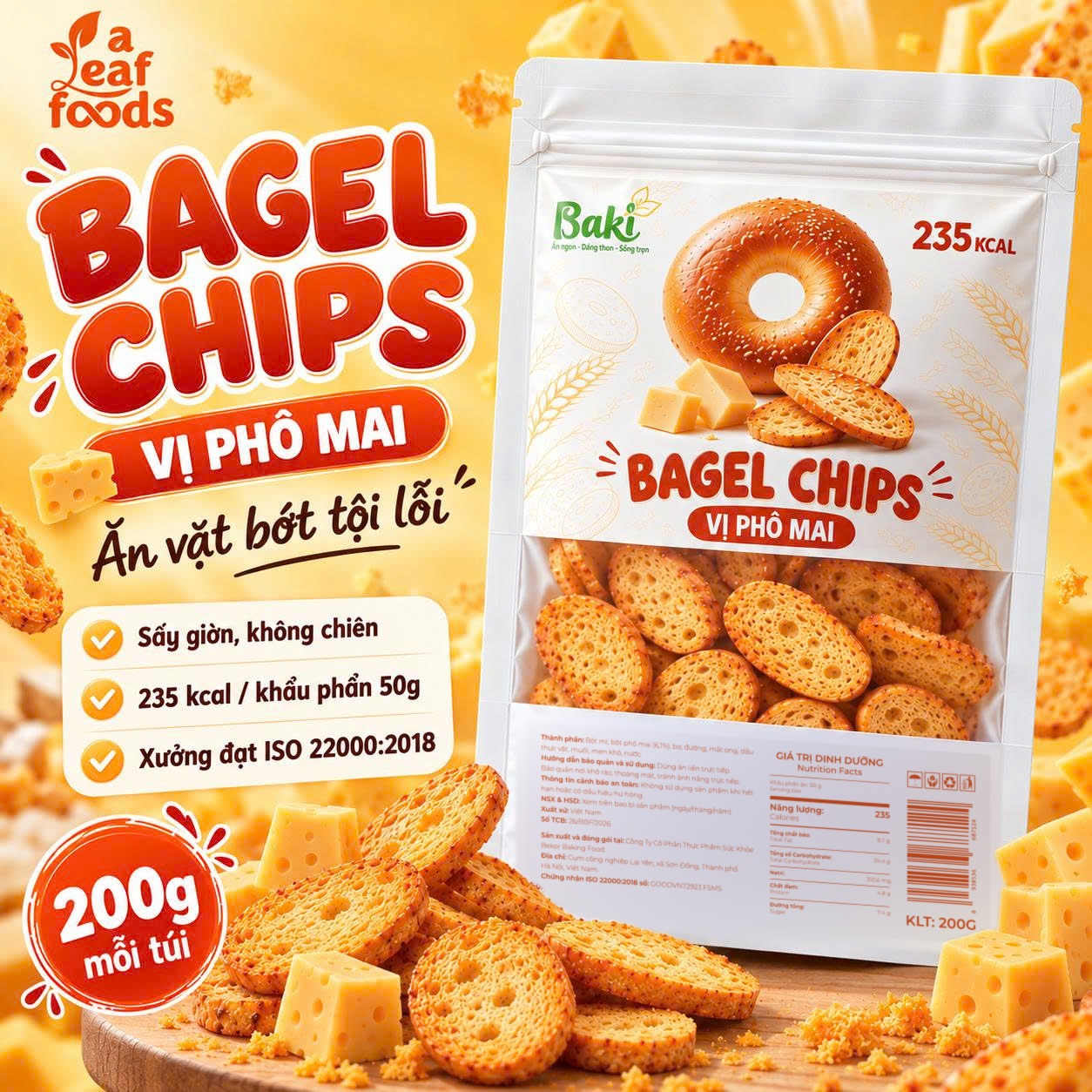 Bagel Chips vị phô mai Baki 200g - bánh mì bagel sấy giòn không chiên
