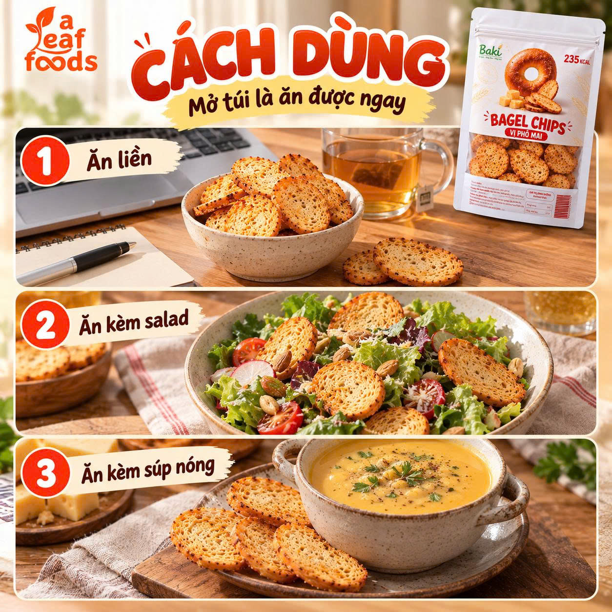 Cách dùng Bagel Chips vị phô mai - ăn liền, ăn kèm salad, súp nóng