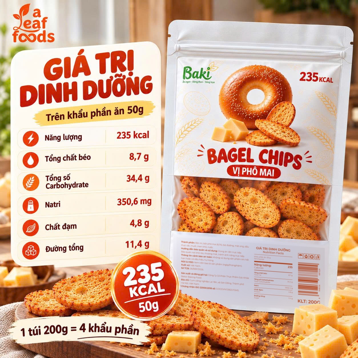 Giá trị dinh dưỡng Bagel Chips vị phô mai trên khẩu phần 50g - 235 kcal