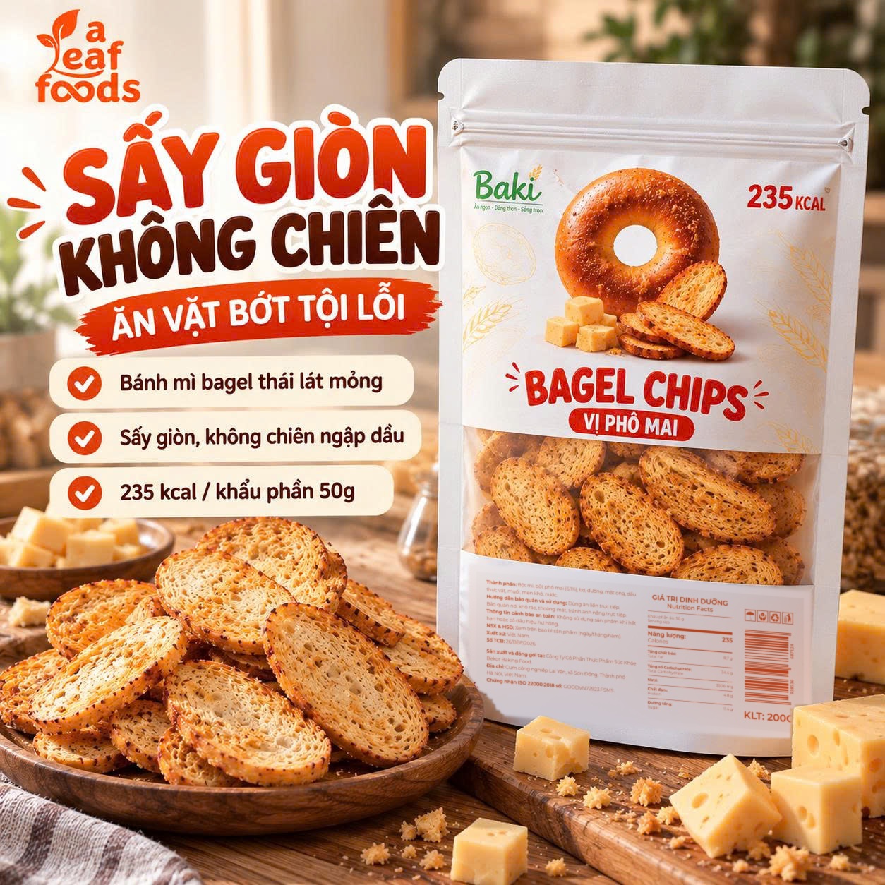 Bagel Chips vị phô mai sấy giòn không chiên - ăn vặt bớt tội lỗi