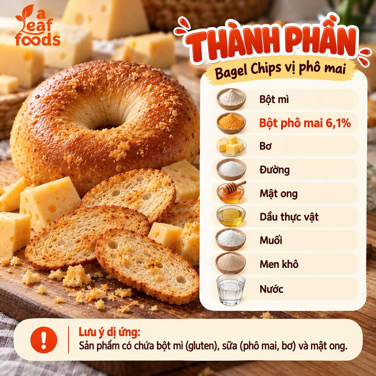 Thành phần Bagel Chips vị phô mai - bột phô mai 6,1%